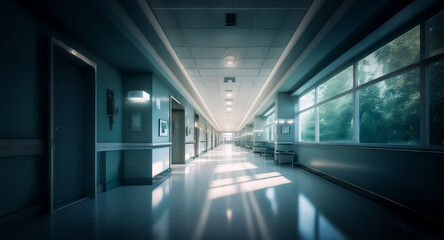 Bright, empty hospital hallway with windows letting in sunlight. Long perspective view down the corridor. Clean and sterile environment.