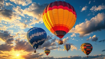 Obraz premium Balloons float against a sunset with cloudy skies