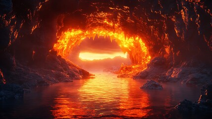 Depicts mesmerizing dance of fiery embers and solid rock, illuminating underground realm with a flickering warmth and enchanting interplay