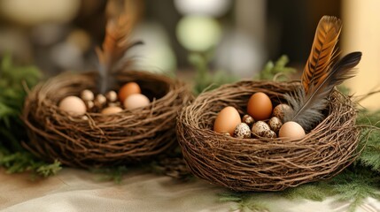 Decorative nests with tiny eggs and feathers