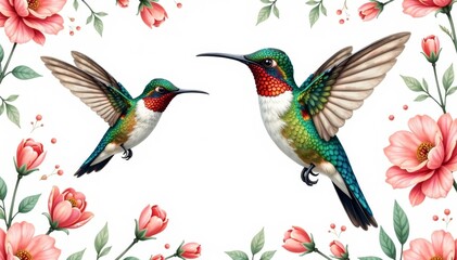 Obraz premium Delicate hummingbird illustration in a seamless repeating floral pattern on white background, floral patterns, repeating patterns