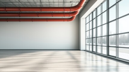 Obraz premium HVAC system pipes and pumps providing climate control in an industrial space with large windows