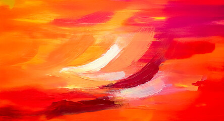 Vibrant brushstrokes of warm hues like red, orange, and yellow blend in an abstract painting, creating a fiery and energetic visual texture.