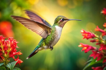 Fototapeta premium Hummingbird and Flower: Vibrant Nature Stock Photo - Wildlife Photography