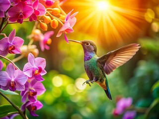 Fototapeta premium Hummingbird and Orchids: Vibrant Garden Scene Stock Photo