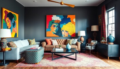 Stylish Living Room with Colorful Art and Contemporary Decor