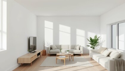 Modern Minimalist Living Room with Natural Light and Greenery