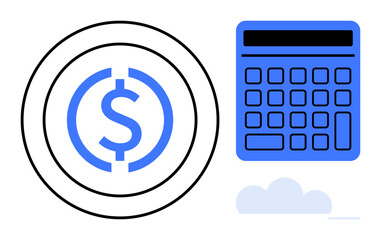 Dollar sign and calculator represent finance, accounting, budgeting, investment, saving, money management, and economic analysis. Ideal for financial education, flat simple metaphor