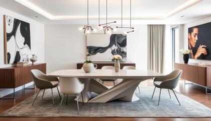 Modern Dining Room With Artistic Decor and Elegant Lighting Features
