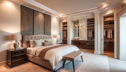 Elegant Modern Bedroom with Stylish Decor and Warm Lighting