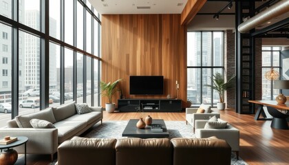 Modern Urban Living Room with Large Windows and Stylish Decor