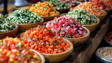 Fototapeta premium A vibrant display of fresh, colorful salsa ingredients in woven bowls.