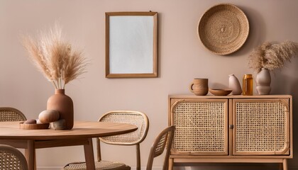 Elegant Round Dining Room Rattan Chair, Wooden Commode, and Pop Art Poster in a Cozy Atmosphere A Timeless Design Haven with Warmth and Style