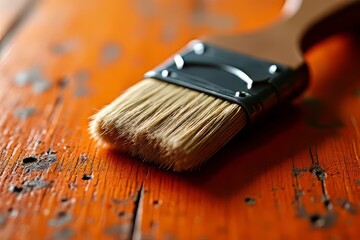 Fototapeta premium Close-up of Paintbrush on Orange Wood Surface