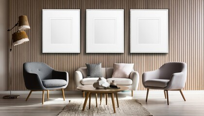 Modern Living Room Showcasing a ThreeFrame Gallery Wall Mockup Filled with x Picture Frames An Inspiring Display of Artwork and Home Decor in a Minimalistic Space