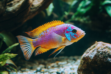 Obraz premium Colorful aquarium fish with lush plants and decorative elements