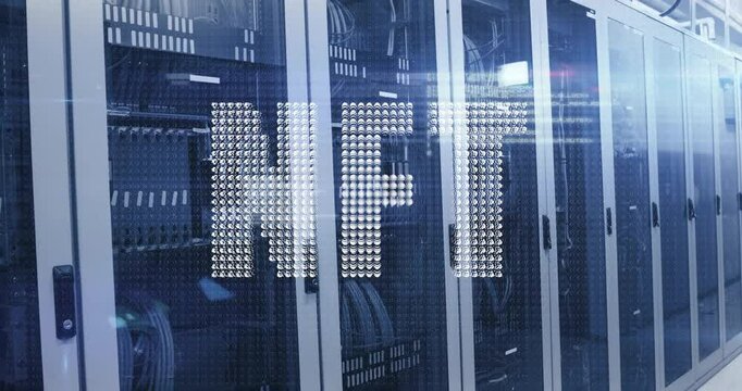 Animation of NFT text overlaying digital data servers in technology environment - Powered by Adobe