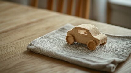 Wooden toy car on linen cloth, table