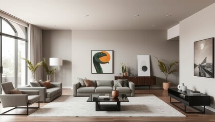 Modern Minimalist Living Room with Artistic Touch in Neutral Tones