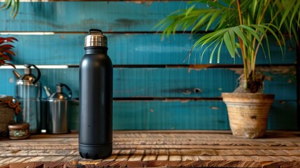 Fototapeta premium Black Thermos: A stylish black thermos made from durable metal or plastic, designed to maintain the temperature of drinks, whether hot or cold, for extended periods. 