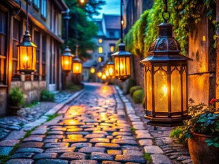 Fototapeta premium Illuminated Lanterns, Cobblestone Alleyway Dusk - Macro Photography Stock Photo