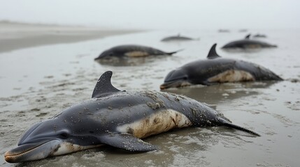 Obraz premium Several dead dolphins lie on the sandy shoreline after a mass stranding