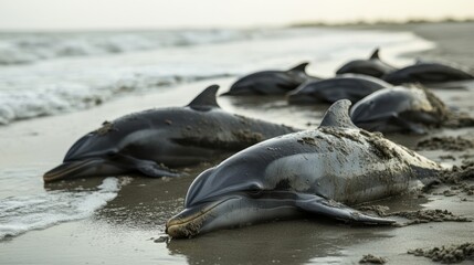 Fototapeta premium Several dead dolphins lie on the sandy shoreline after a mass stranding