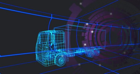 Animation of futuristic truck wireframe design with digital grid background - Powered by Adobe