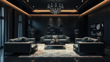 Elegant Modern Living Room Design with Black Accents and Lighting