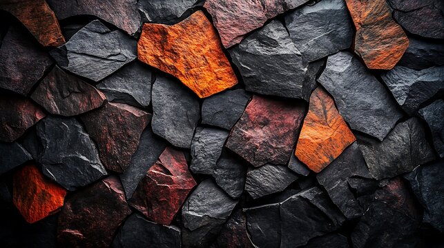 Slate stone wall, with its intricate geometric patterns, rough surface, and timeless craftsmanship, exudes a textured beauty that leaves