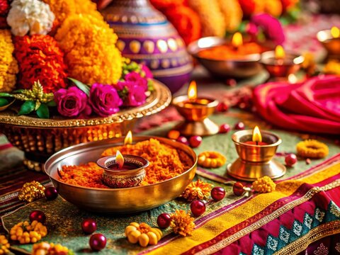 Indian Wedding Thread Ceremony Puja Items: Sacred Threads, Flowers, & Ritual Objects