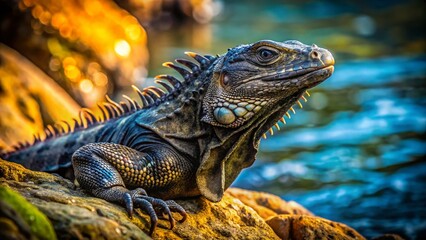 Obraz premium Indonesian Black Iguana Close-Up: Long Exposure Rock Reptile Wildlife