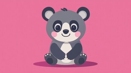 A cute illustrated panda bear sitting on a pink background