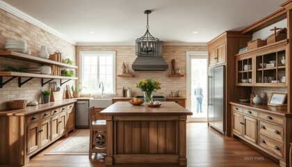 Fototapeta premium Rustic Modern Kitchen Interior with Wooden Cabinets and Natural Light
