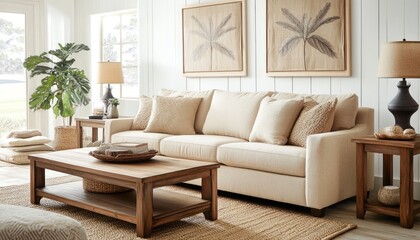 A warm minimalist living room with neutral tones, a beige sofa, and inviting lighting 1. Generative AI