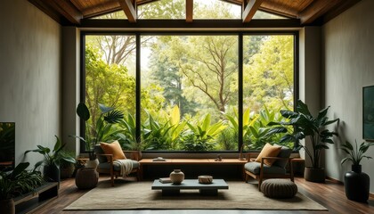 Modern Living Room with Large Windows and Greenery Outside