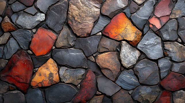 Slate stone wall, with its intricate geometric patterns, rough surface, and timeless craftsmanship, exudes a textured beauty that leaves