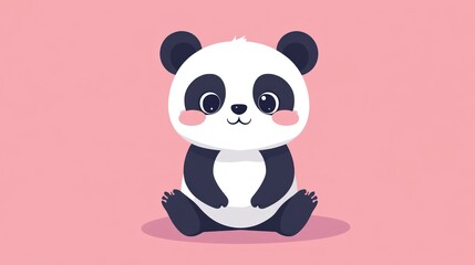 A cute cartoon panda bear sitting on a pink background