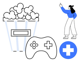 Popcorn bucket, gaming controller, woman in blue pointing upward, and cross-shaped medical sign. Ideal for entertainment, gaming, health, leisure creativity wellness lifestyle. Flat simple