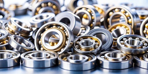 Industrial Metal Parts: Heap of Assorted Bearings on White Background