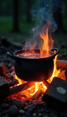 Boiling water in pot over crackling campfire flames, hiking, travel