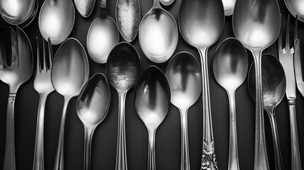 Silverware: Eating utensils, typically crafted from stainless steel or sterling silver, known for their sleek, gray metallic sheen and elegant design.
