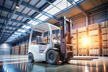 Naklejka premium Industrial White Forklift 3D Render: Clean Warehouse Equipment Stock Photo
