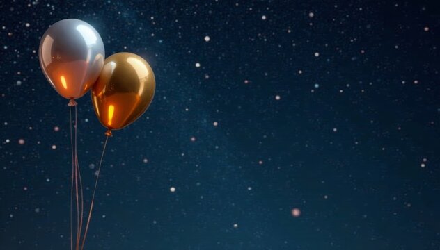 Silver and gold balloons are released into the air amidst a dark and starry night sky with empty spaces around them, Nighttime Decorations, Dark Sky - Powered by Adobe