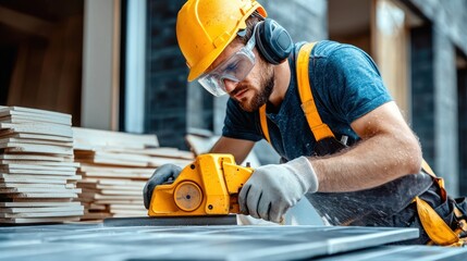 Carpenter sanding wood. Protective gear ensures safety. Building project in progress