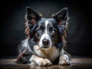 Fototapeta premium Intelligent Border Collie with Piercing Blue Eyes - Dark Background Stock Photo