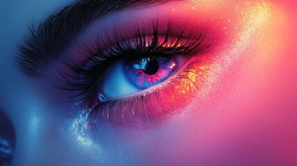 Fototapeta premium Captivating Close-up of a Human Eye with Vivid Multicolored Lighting Highlighting Texture and Detail in Modern Artistic Composition