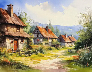 Watercolor Traditional Alpian Village AI
