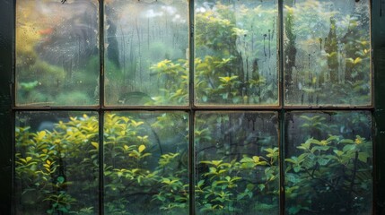 Naklejka premium Foggy Window: A window blanketed with condensation or mist, giving it a soft grayish tint, commonly seen in the morning or during cold, damp weather. 