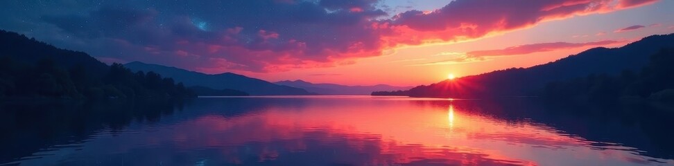 Naklejka premium Vibrant sunset hues reflected in tranquil lake, starry expanse above , nature, background